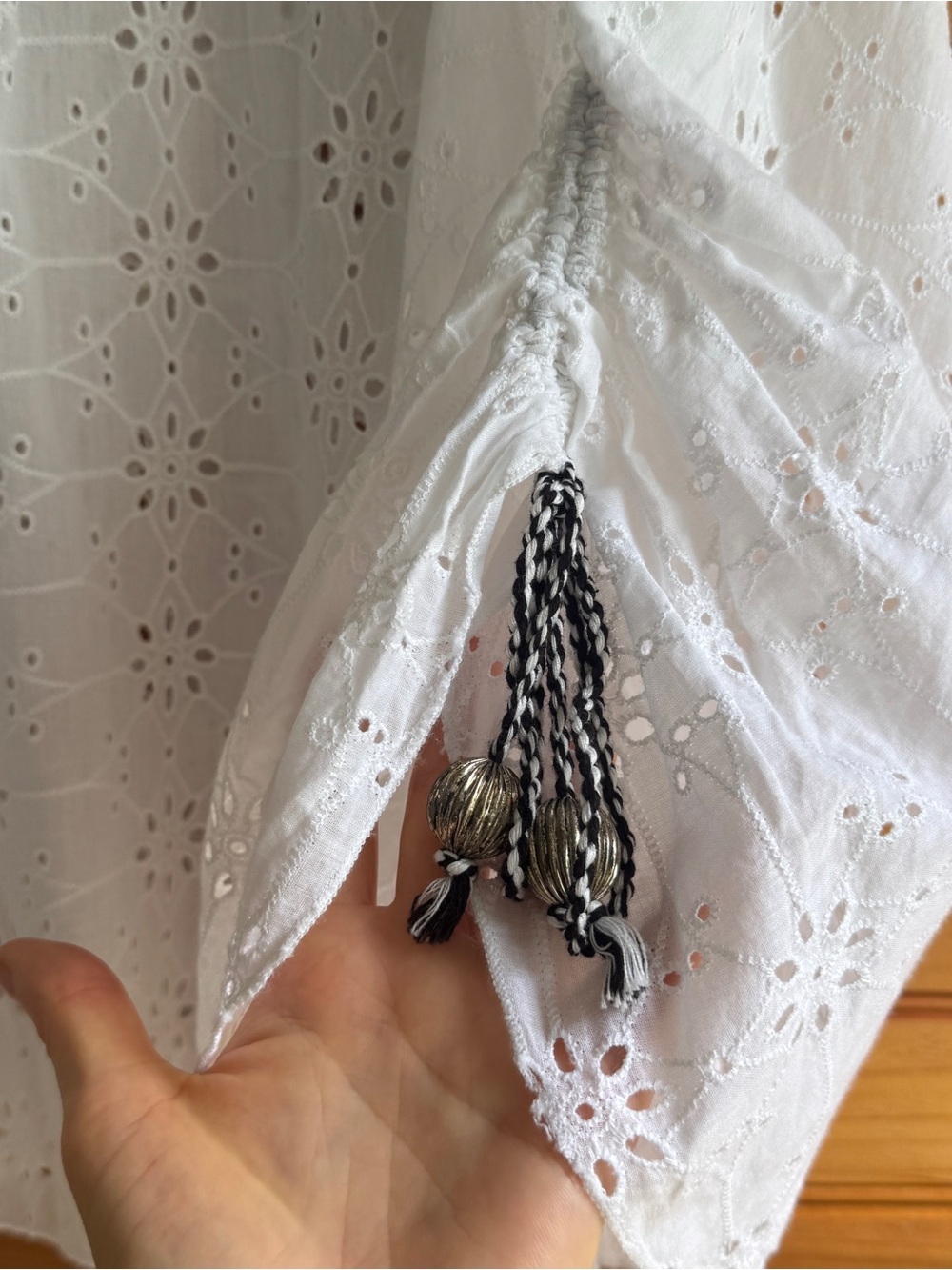Kyra Beaded Eyelet Peasant Blouse L Boho Festival Cottagecore Resort Cotton - Picture 5 of 16